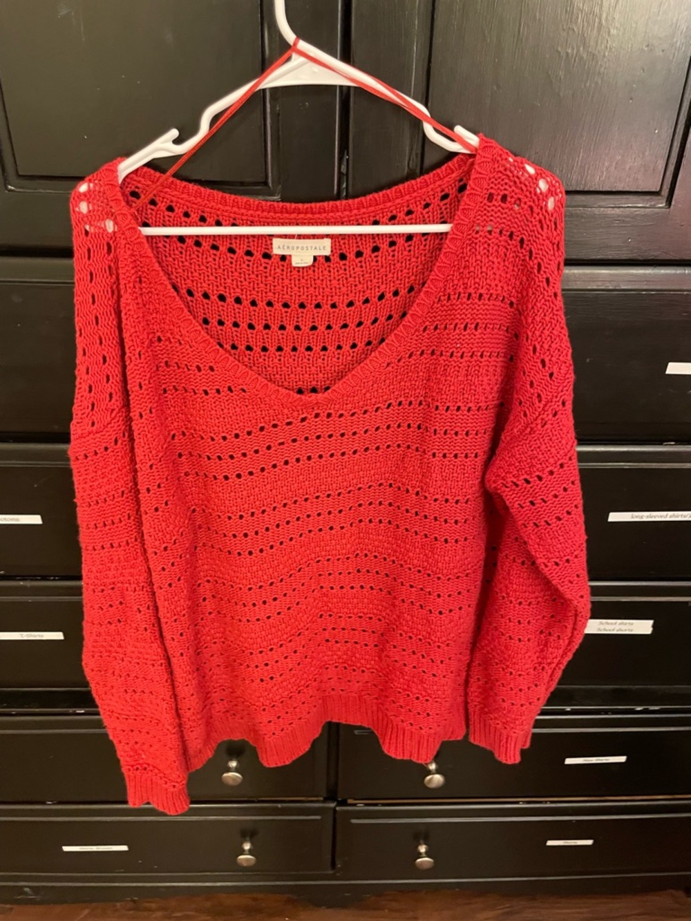 Aeropostale Bright Red V-Neck Open Knit Sweater